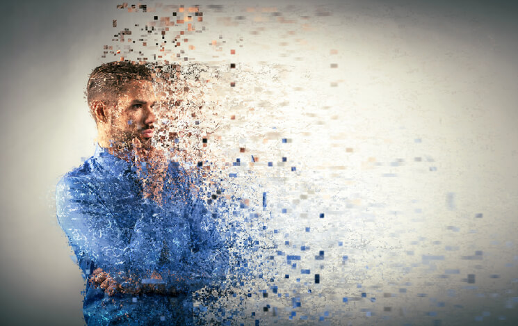 Young businessman dispersing into pixels. Dissolution and breakdown illustration.