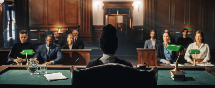Court of Law Trial: Female Judge and and Jury Sit, Start of a Civil Case Hearing. Proceedings in Motion to Rule Out a Sentence. Defendant is Not Convicted nor Not Guilty.