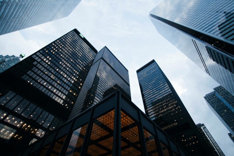 Skyscrapers viewed from below, reaching towards the sky
