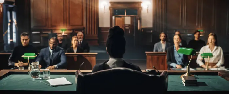 Court of Law Trial: Female Judge and and Jury Sit, Start of a Civil Case Hearing. Proceedings in Motion to Rule Out a Sentence. Defendant is Not Convicted nor Not Guilty.