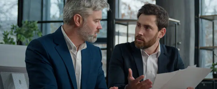 Two disgruntled furious Caucasian businessmen arguing about bad contract in office men colleagues partners dispute incorrect document failed transaction deal conflict problem shouting break agreement. High quality 4k footage